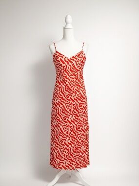 Land of the free orange Patterned Midi Slip Dress with Thin Straps